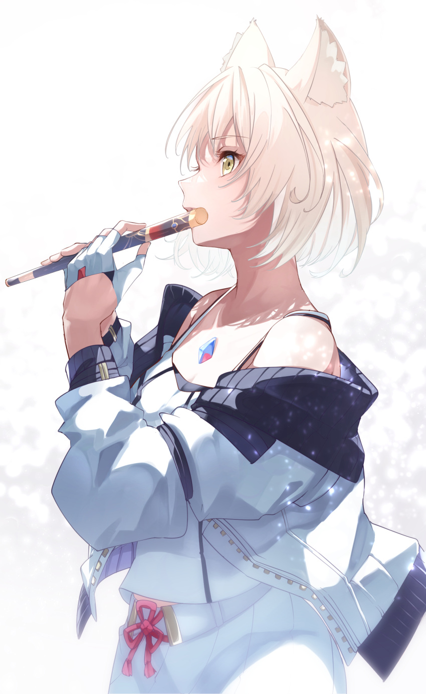 1girl absurdres animal_ear_fluff animal_ears bare_shoulders breasts cat_ears chest_jewel duplicate fingerless_gloves flute gloves grey_hair highres holding holding_instrument instrument jacket jacket_on_shoulders looking_afar looking_up mio_(xenoblade) pixel-perfect_duplicate risumi_(taka-fallcherryblossom) shaded_face simple_background solo sunlight tank_top white_jacket white_tank_top xenoblade_chronicles_(series) xenoblade_chronicles_3 yellow_eyes