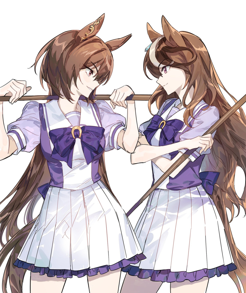 2girls animal_ears bangs breasts brown_hair carrying_over_shoulder closed_mouth crossed_arms cue_stick dimseomjang-gun earrings eye_contact highres holding_cue_stick horse_ears horse_girl horse_tail jewelry long_hair looking_at_another medium_breasts multicolored_hair multiple_girls puffy_short_sleeves puffy_sleeves purple_shirt sailor_collar school_uniform shirt short_sleeves simple_background single_earring sirius_symboli_(umamusume) skirt smile streaked_hair symboli_rudolf_(umamusume) tail teeth tracen_school_uniform umamusume violet_eyes white_background white_skirt