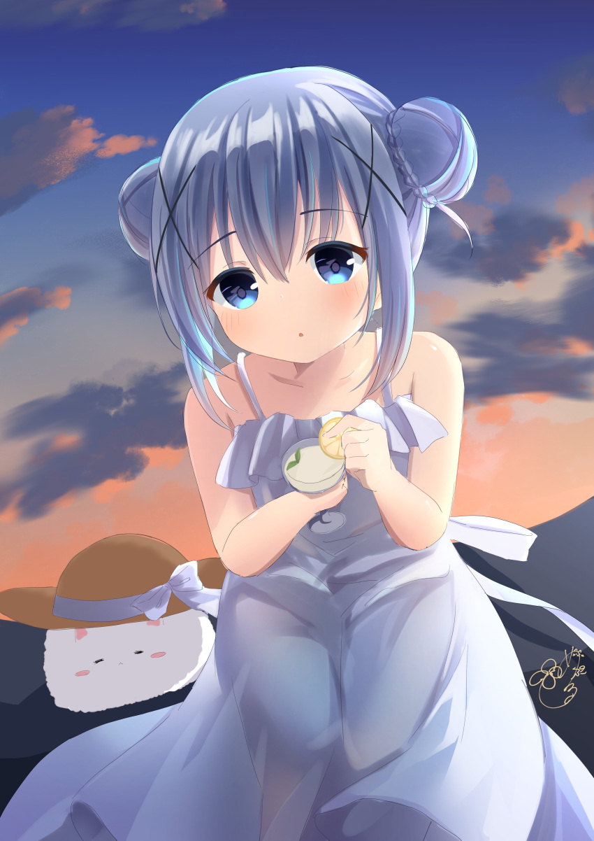 :o =_= absurdres bangs bent_over blue_eyes blush_stickers bow clouds collarbone commentary_request cropped_legs double_bun dress dusk flat_chest food fruit gochuumon_wa_usagi_desu_ka? hair_between_eyes hair_bun hat highres kafuu_chino lemon lemon_slice lemonade light_blue_dress light_blue_hair light_blush looking_at_viewer maple_0126 official_alternate_hairstyle open_mouth outdoors ribbon shiny shiny_hair shiny_skin sidelocks signature standing strap sun_hat sundress sunset tippy_(gochiusa)