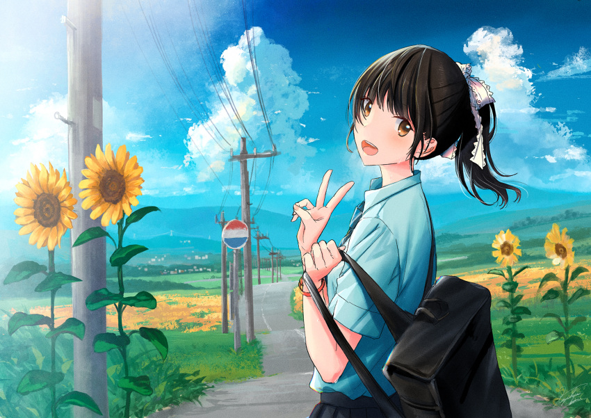 1girl :d bag bangs black_hair black_skirt blue_sky bracelet brown_eyes clouds commentary_request day flower hair_ribbon highres jewelry kazuharu_kina landscape looking_at_viewer mountainous_horizon open_mouth original outdoors ponytail power_lines ribbon road rural scenery school_bag school_uniform shirt signature skirt sky smile solo standing summer sunflower teeth uniform upper_teeth utility_pole vanishing_point white_shirt