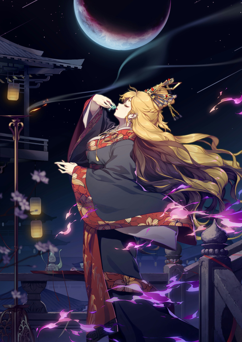 1girl absurdres architecture aura black_dress blonde_hair braid china_dress chinese_clothes chinese_commentary closed_eyes closed_mouth commentary_request crescent crescent_earrings crying cup dress drinking earrings east_asian_architecture eyelashes floating_hair from_side full_body full_moon highres holding holding_cup idjun550 jewelry junko_(touhou) lantern lips lipstick long_hair long_sleeves makeup moon neck_ribbon night paper_lantern profile railing ribbon shooting_star smoke solo standing star_(sky) tassel teapot tiara touhou tray very_long_hair wide_sleeves yellow_ribbon