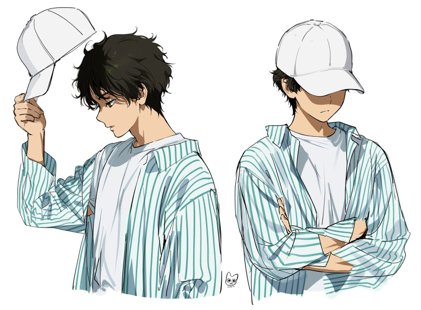 1boy artist_logo bangs brown_hair closed_mouth collared_shirt cropped_torso crossed_arms frown grey_background hand_up highres hyouka mery_(yangmalgage) messy_hair multiple_views open_clothes open_shirt oreki_houtarou shiny shiny_hair shirt short_hair simple_background striped striped_shirt white_headwear white_shirt