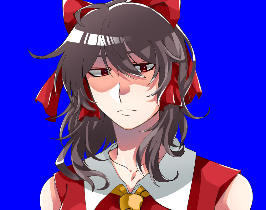 1girl ascot bangs blue_background bow brown_hair closed_mouth collared_shirt commentary_request cookie_(touhou) expressionless hair_between_eyes hair_bow hair_tubes hakurei_reimu highres looking_at_viewer medium_hair portrait red_bow red_eyes red_shirt reu_(cookie) shaded_face shirt sidelocks simple_background sleeveless sleeveless_shirt solo touhou yellow_ascot zerachin_(nicoseiga78314664)
