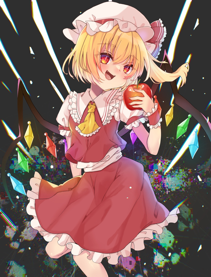 1girl absurdres apple ascot blonde_hair collared_shirt fangs feet_out_of_frame flandre_scarlet food frilled_ascot frilled_ribbon frilled_shirt_collar frilled_skirt frills fruit hair_between_eyes hat hat_ribbon head_tilt highres holding holding_food holding_fruit irodorikaeru looking_at_viewer medium_hair mob_cap multicolored_wings open_mouth puffy_short_sleeves puffy_sleeves red_apple red_eyes red_ribbon red_skirt red_vest ribbon shirt short_sleeves side_ponytail skirt skirt_set solo touhou vest white_headwear white_shirt wings wrist_cuffs yellow_ascot