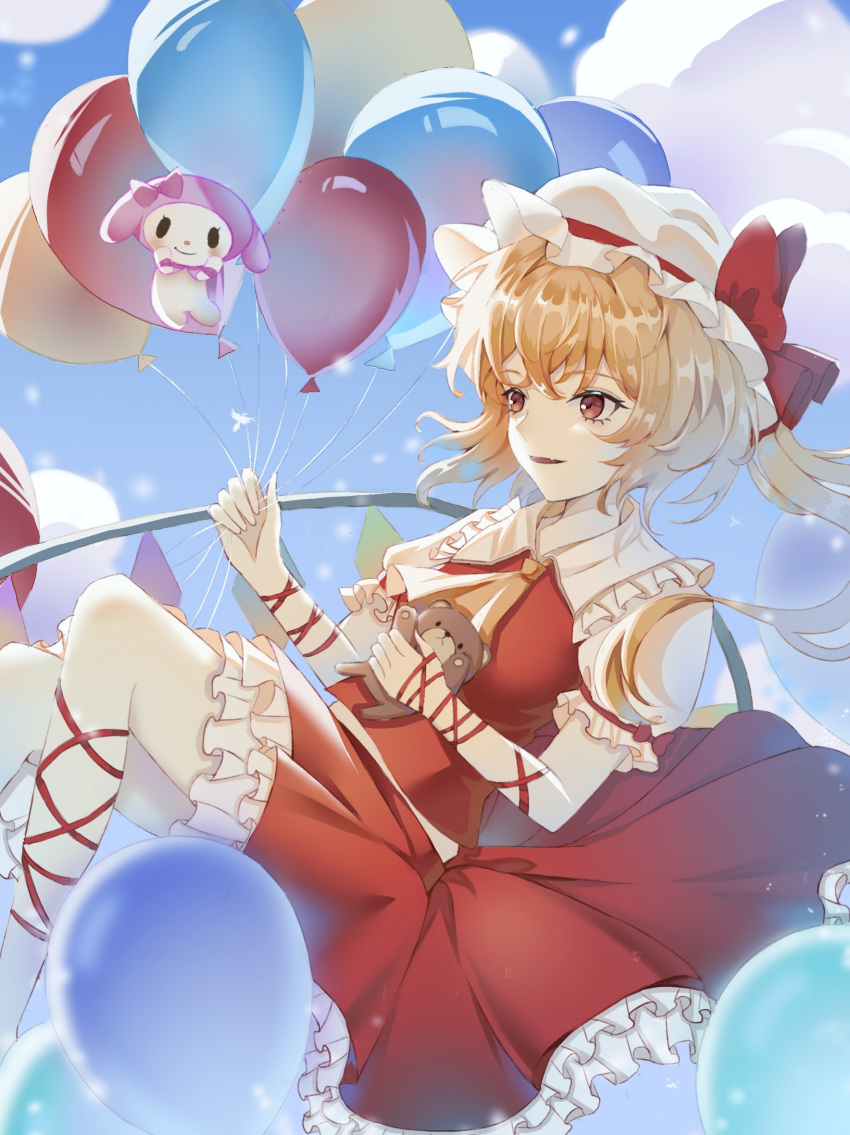 1girl ankle_ribbon ascot balloon blonde_hair blue_background blurry blurry_foreground breasts brown_eyes collared_shirt commentary_request depth_of_field fang feet_out_of_frame flandre_scarlet frilled_shirt_collar frilled_skirt frilled_sleeves frills hair_between_eyes hat hat_ribbon highres holding holding_balloon holding_stuffed_toy leg_ribbon medium_hair mob_cap my_melody onegai_my_melody open_mouth puffy_short_sleeves puffy_sleeves red_ribbon red_skirt red_vest ribbon shiny shiny_hair shirt short_sleeves side_ponytail skirt skirt_set small_breasts stuffed_animal stuffed_toy teddy_bear touhou vest white_headwear white_shirt wspg7345 yellow_ascot