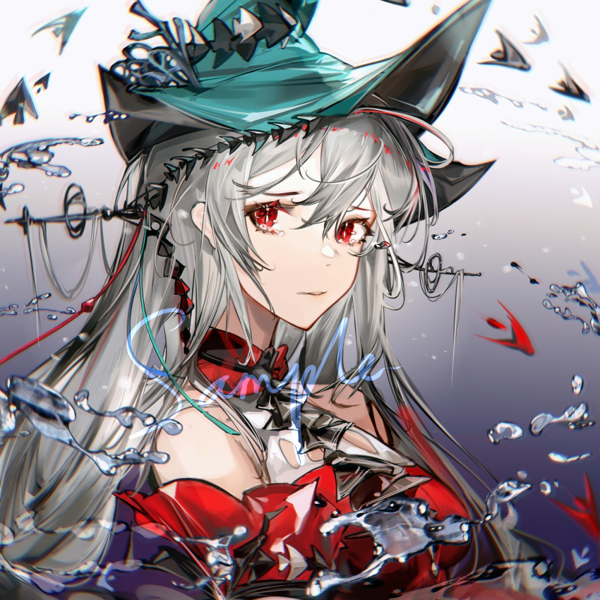 1girl arknights ascot bangs bare_shoulders black_ascot blue_headwear breasts crying crying_with_eyes_open dress fish gradient gradient_background grey_background grey_hair hat highres long_hair medium_breasts nuez parted_lips purple_background red_dress red_eyes sample_watermark skadi_(arknights) skadi_the_corrupting_heart_(arknights) smile solo tears upper_body very_long_hair water