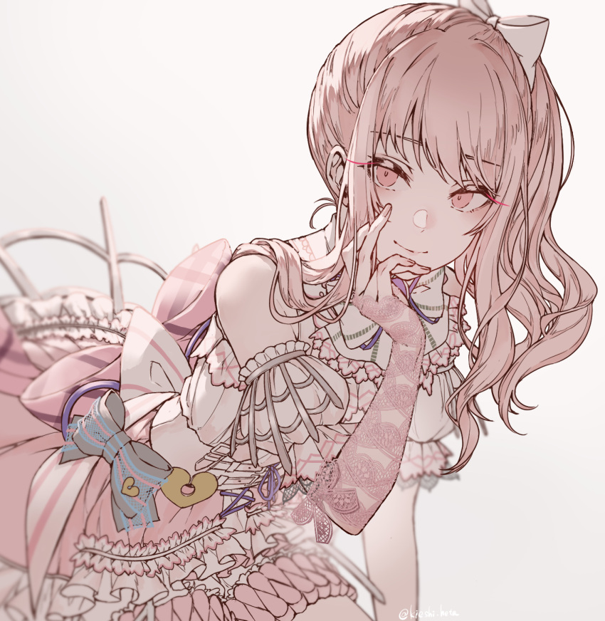 1other akazu_kieshi akiyama_mizuki corset crinoline detached_sleeves dress frilled_dress frills hair_ornament hair_ribbon hand_on_own_face hand_up highres lace layered_dress pale_color pink_eyes pink_hair pink_theme project_sekai ribbon side_ponytail smile solo white_background