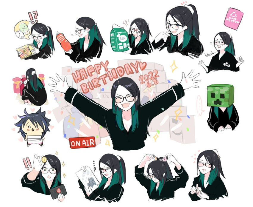 1girl black_hair box cardboard_box closed_eyes confetti cosplay creeper creeper_(cosplay) dated glasses green_hair hair_ornament hair_scrunchie happy_birthday highres indie_virtual_youtuber isuka kson minecraft multicolored_hair open_mouth ponytail real_life scrunchie smile souchou two-tone_hair