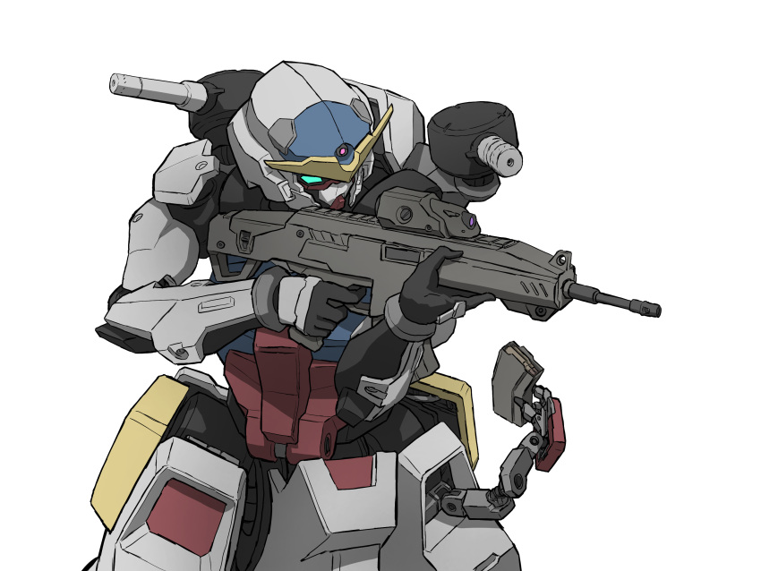 aiming aqua_eyes extra_arms greyscale gun gundam highres holding holding_gun holding_weapon lineart magazine_(weapon) mecha_kaku_man mobile_suit monochrome no_humans rx-78-2 simple_background solo v-fin weapon white_background