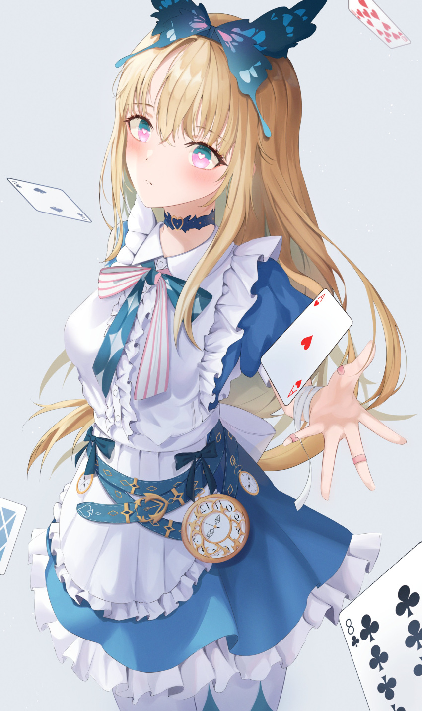 1girl absurdres ahnudo alice_(grimlight) apron arm_up bandaged_arm bandages bandaid bandaid_on_hand bangs belt blonde_hair blue_belt blue_bow blue_bowtie blue_choker blue_dress blue_eyes blue_hairband blush bow bowtie breasts butterfly_hair_ornament butterfly_wings buttons card choker clock closed_mouth collared_dress commentary_request crystal_print dress dress_bow frills grey_apron grey_background grey_bow grey_bowtie grey_pantyhose grimlight hair_between_eyes hair_ornament hairband hand_up heart heart_in_eye highres long_hair looking_at_viewer medium_breasts multicolored_bow multicolored_bowtie multicolored_eyes pantyhose pink_bow pink_bowtie pink_eyes playing_card puffy_short_sleeves puffy_sleeves short_sleeves simple_background solo standing striped striped_bow striped_bowtie symbol_in_eye wings