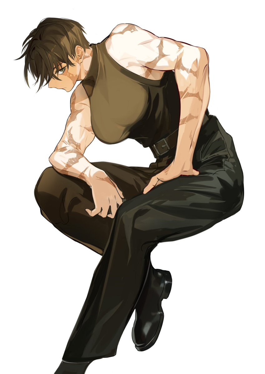 1girl arm_support belt biceps black_footwear black_hair black_shirt breasts grey_eyes gwillarmy hand_on_own_thigh highres jujutsu_kaisen large_breasts leaning_forward looking_at_viewer muscular muscular_female scar shirt short_hair simple_background sleeveless spoilers turtleneck white_background zen'in_maki