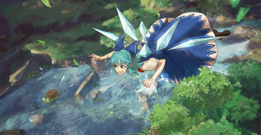 1girl :d blue_bow blue_dress blush bow brown_footwear bush chasing chinese_commentary cirno commentary_request cryokinesis detached_wings dress e_(you33ou) flying flying_sweatdrops frog full_body grass hair_bow highres ice ice_wings light_blue_hair loafers looking_at_animal medium_hair open_mouth outdoors puffy_short_sleeves puffy_sleeves river rock shirt shoes short_sleeves smile solo teeth touhou upper_teeth v-shaped_eyebrows water white_shirt wings