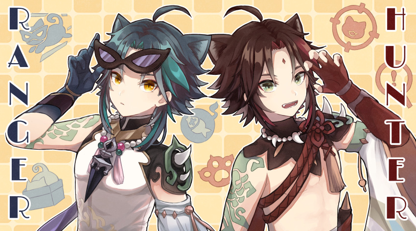 2boys adjusting_eyewear ahoge alternate_color animal_ear_fluff animal_ears aqua_hair arm_tattoo arm_up armor asymmetrical_clothes bangs bead_necklace beads blue_gloves blush bomb brown_background brown_hair cat cat_ears chinese_clothes commentary_request detached_sleeves diamond-shaped_pupils diamond_(shape) dual_persona fang fingerless_gloves flower_knot genshin_impact gloves green_eyes green_hair highres jewelry kemonomimi_mode long_sleeves looking_at_viewer male_focus multicolored_hair multiple_boys necklace open_mouth parted_bangs parted_lips paw_print red_gloves red_rope redhead rope shirt short_hair shoulder_armor shoulder_spikes sidelocks single_detached_sleeve sleeveless sleeveless_shirt spikes streaked_hair su34ma sunglasses symbol-shaped_pupils tassel tattoo teeth white_shirt xiao_(genshin_impact) yellow_eyes