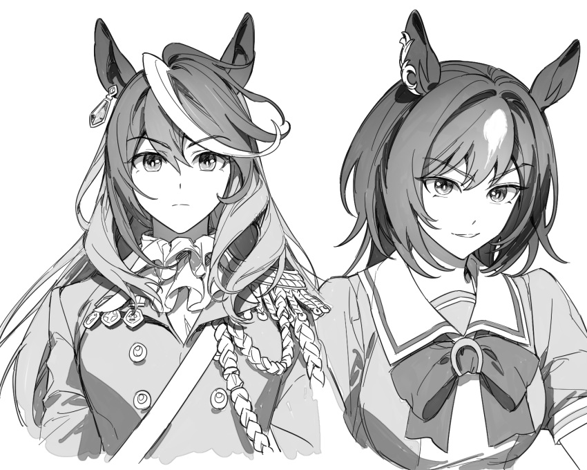 2girls aiguillette animal_ears bangs bow bowtie breasts coat coat_on_shoulders dimseomjang-gun earrings epaulettes expressionless greyscale highres horse_ears horse_girl jabot jewelry korean_commentary long_hair long_sleeves looking_at_viewer medal medium_breasts monochrome multicolored_hair multiple_girls sailor_collar school_uniform short_sleeves single_earring single_epaulette sirius_symboli_(umamusume) smirk streaked_hair symboli_rudolf_(umamusume) tracen_school_uniform umamusume upper_body