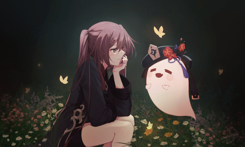 1girl absurdres bangs black_shorts brown_hair brown_shirt bug butterfly commentary field flower flower_field from_side genshin_impact ghost grass hat head_on_hand head_rest highres hu_tao_(genshin_impact) jeanbeansprout long_hair long_sleeves plum_blossoms red_eyes shirt shorts smile solo twintails