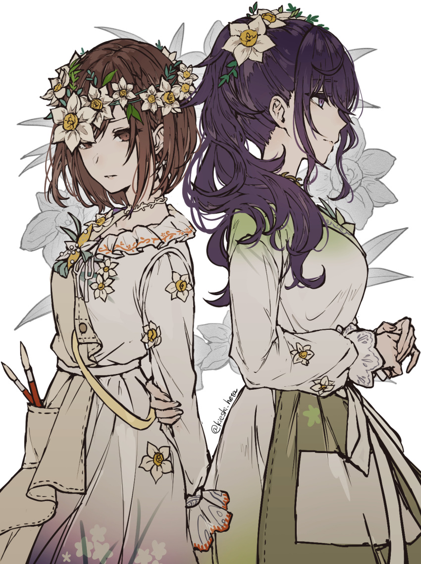 2girls akazu_kieshi apron arm_behind_back asahina_mafuyu brown_eyes brown_hair dress empty_eyes floral_background flower frilled_sleeves frills hair_flower hair_ornament highres long_hair long_sleeves multiple_girls paintbrush pocket ponytail project_sekai purple_hair ribbon shinonome_ena short_hair violet_eyes white_dress white_flower