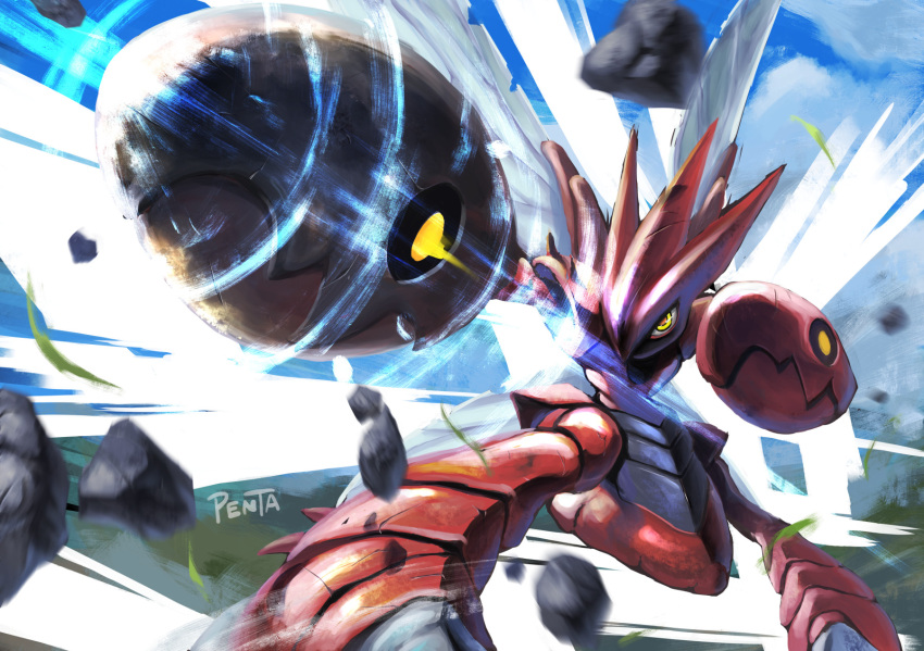 artist_name clouds commentary_request day falling_leaves highres leaf legs_apart no_humans orange_pupils outdoors penta_oekaki pincers pokemon pokemon_(creature) scizor signature sky solo yellow_eyes