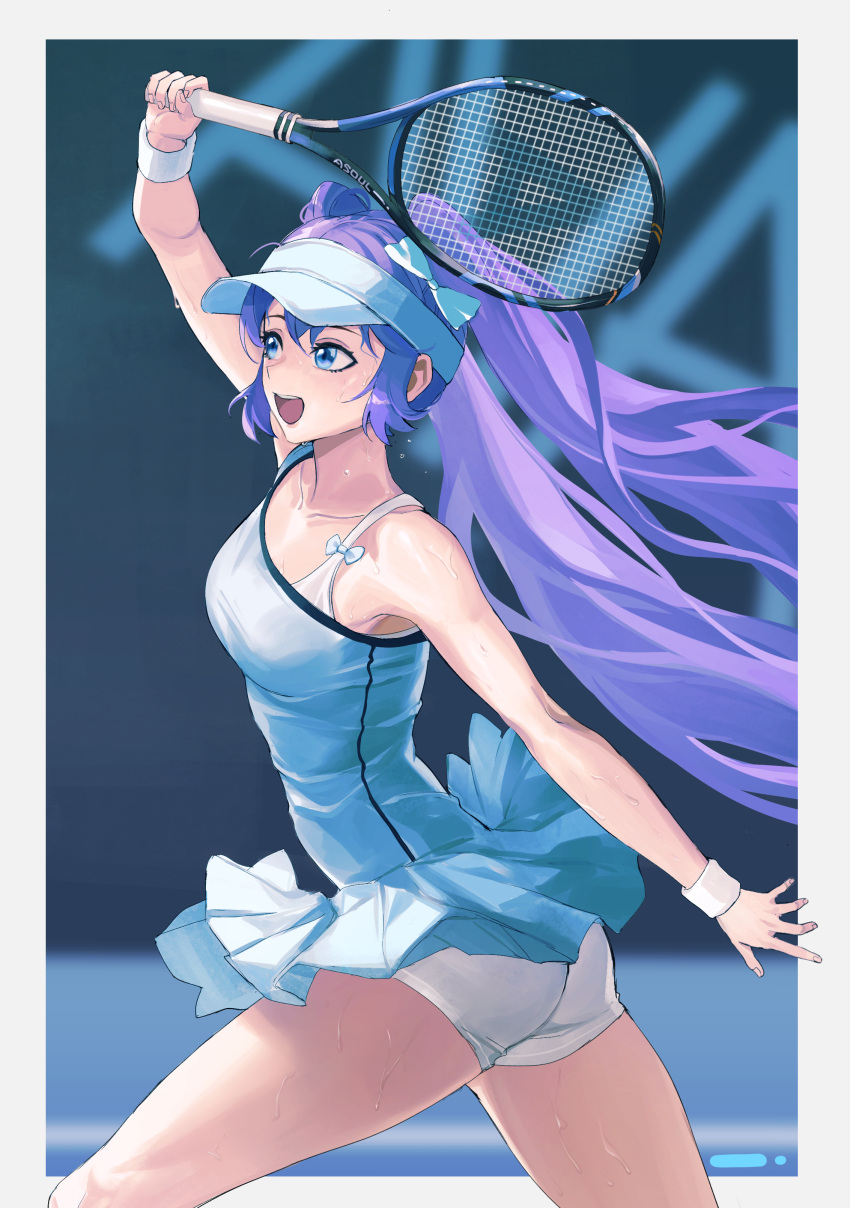 1girl a-soul absurdres arm_up ava_(a-soul) bare_shoulders blue_eyes blurry blurry_background chuck_(harfmoondark) flying_sweatdrops hair_blowing hair_ribbon highres holding holding_racket long_hair looking_ahead messy_hair miniskirt open_mouth purple_hair racket ribbon shiny shiny_skin shirt shorts shorts_under_skirt single-shoulder_shirt single_strap skirt sportswear sweat tennis_racket thighs twintails visor_cap walking white_shorts wind wind_lift wrist_cuffs