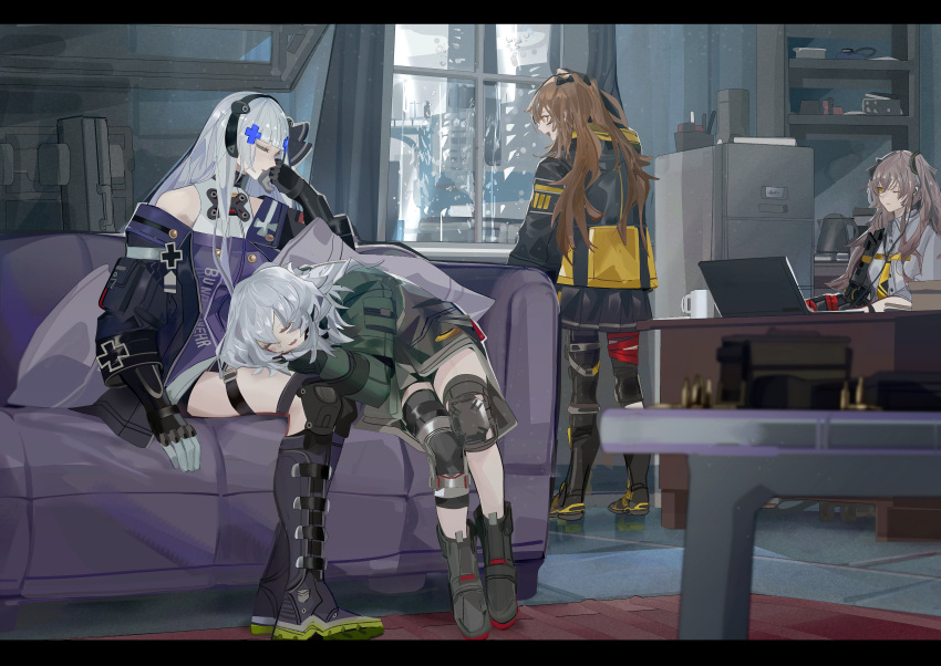 404_(girls'_frontline) 4girls absurdres boots brown_eyes brown_hair closed_eyes computer couch cross fingerless_gloves g11_(girls'_frontline) girls_frontline gloves grey_hair hair_ribbon hand_on_own_cheek hand_on_own_face headband highres hk416_(girls'_frontline) iron_cross jacket knee_guards lap_pillow laptop long_hair military_jacket mod3_(girls'_frontline) multiple_girls nslacka off_shoulder one_eye_closed pantyhose pleated_skirt ribbon scar scar_across_eye scar_on_face shirt sitting skirt sleeping twintails ump45_(girls'_frontline) ump9_(girls'_frontline) white_shirt