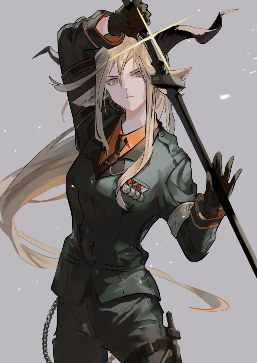 1girl animal_ears arknights arm_up armband black_gloves black_jacket black_necktie black_pants blocsewtore blonde_hair brown_eyes closed_mouth cowboy_shot degenbrecher_(arknights) gloves goat_ears goat_girl goat_horns grey_background highres holding holding_sword holding_weapon horns jacket long_hair long_sleeves military military_jacket military_uniform necktie pants serious simple_background solo sword thigh_strap uniform v-shaped_eyebrows very_long_hair weapon