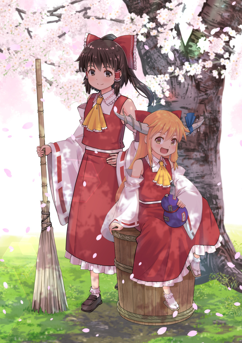 2girls ascot bare_shoulders broom brown_eyes brown_footwear brown_hair closed_mouth collared_vest commentary_request cosplay detached_sleeves frilled_hair_tubes frilled_skirt frills full_body gourd hair_tubes hakurei_reimu hakurei_reimu_(cosplay) hand_on_hip haniwa_(leaf_garden) happy highres holding holding_broom horns ibuki_suika long_sleeves multiple_girls oni_horns orange_hair red_skirt red_vest ribbon-trimmed_sleeves ribbon_trim sandals sitting skirt skirt_set smile socks standing touhou tree vest white_sleeves white_socks wide_sleeves yellow_ascot