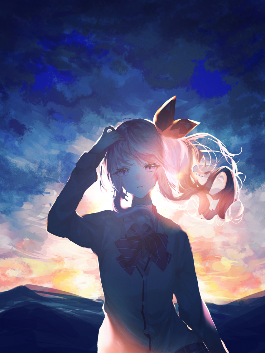 1girl absurdres akiyama_mizuki arm_up backlighting banbiiiino0303 bangs blue_background blue_sky bow bowtie cardigan clouds cloudy_sky collared_shirt commentary_request eyelashes floating_hair hair_ribbon hand_on_own_head highres long_hair long_sleeves looking_at_viewer mountainous_horizon multicolored_sky outdoors parted_lips pink_eyes pink_hair plaid plaid_skirt project_sekai red_ribbon ribbon school_uniform shirt side_ponytail sidelocks skirt sky sleeves_past_elbows solo standing twilight two-tone_background upper_body wing_collar yellow_background yellow_sky