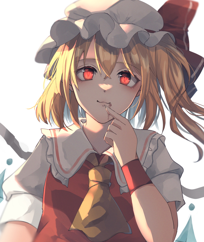 1girl :3 absurdres aru16 ascot blonde_hair blood blood_from_mouth closed_mouth collared_shirt commentary finger_to_mouth fingernails flandre_scarlet frilled_shirt_collar frills hair_between_eyes hat hat_ribbon highres looking_at_viewer medium_hair mob_cap puffy_short_sleeves puffy_sleeves red_eyes red_ribbon red_vest ribbon sharp_fingernails shirt short_sleeves side_ponytail simple_background solo symbol-only_commentary teeth touhou upper_teeth vest white_background white_headwear white_shirt yellow_ascot