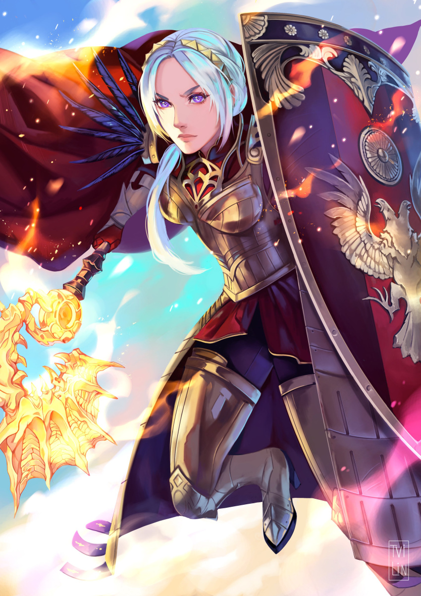 1girl absurdres armor axe aymr_(fire_emblem) breasts cape closed_mouth edelgard_von_hresvelg fire fire_emblem fire_emblem:_three_houses fire_emblem_warriors:_three_hopes gloves hair_ornament highres long_hair long_sleeves looking_at_viewer miss_eliott red_cape shield simple_background solo violet_eyes white_hair