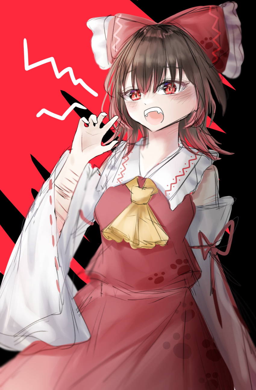 1girl ascot bare_shoulders bow breasts brown_hair commentary_request cowboy_shot detached_sleeves frilled_bow frills hair_between_eyes hair_bow hakurei_reimu highres kinpatu_mai medium_hair open_mouth red_background red_bow red_eyes red_ribbon red_shirt red_skirt ribbon ribbon-trimmed_sleeves ribbon_trim shirt shouting simple_background skirt sleeve_ribbon sleeveless sleeveless_shirt small_breasts solo teeth touhou upper_teeth yellow_ascot