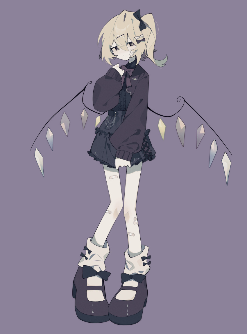 1girl absurdres alternate_costume bandaid bandaid_on_face bandaid_on_leg bandaid_on_neck bangs black_bow black_dress blonde_hair bow bowtie center_frills closed_mouth commentary cross crystal dress flandre_scarlet footwear_bow frilled_dress frills full_body hair_between_eyes hair_bow hair_ornament hairclip hand_up highres knees_together_feet_apart latin_cross long_hair long_sleeves looking_at_viewer loose_socks mary_janes no_hat no_headwear one_side_up open_clothes open_shirt puffy_long_sleeves puffy_sleeves purple_background red_bow red_bowtie red_eyes red_footwear red_shirt shirt shoes short_dress simple_background socks solo touhou white_socks wing_collar wings x_hair_ornament xx_asui