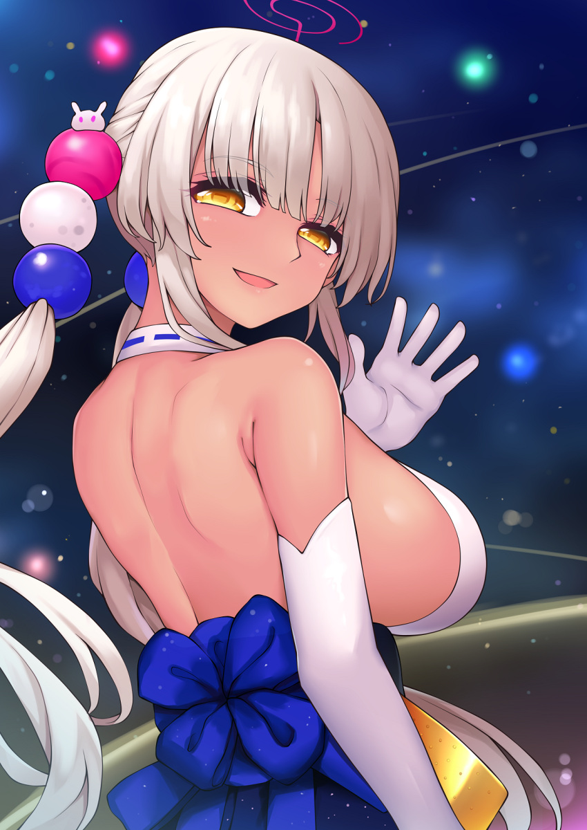 backless_outfit blonde_hair breasts dark-skinned_female dark_skin elbow_gloves gloves halter_top halterneck highres hololive hololive_english ishiusu large_breasts light_brown_hair long_hair planet_hair_ornament sidelocks skin_tight tsukumo_sana twintails underbust very_long_hair virtual_youtuber white_gloves yellow_eyes