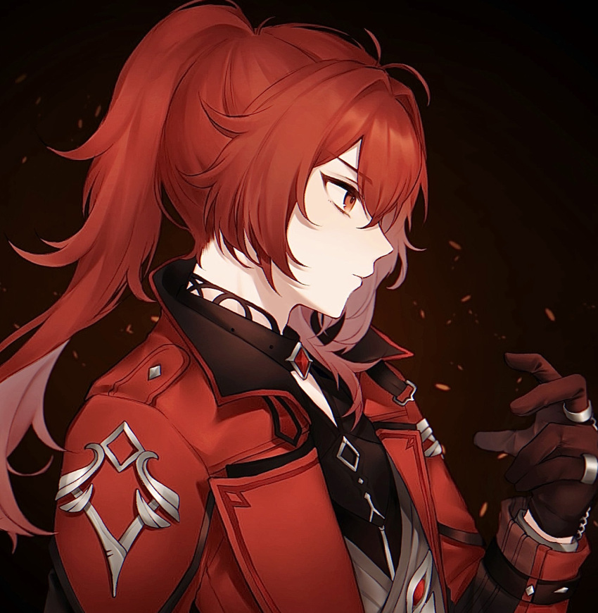 1boy bangs black_gloves chain closed_mouth coat diluc_(genshin_impact) diluc_(red_dead_of_night)_(genshin_impact) from_side genshin_impact gloves hair_between_eyes highres long_hair long_sleeves male_focus ponytail profile red_coat red_eyes redhead return_im simple_background solo upper_body