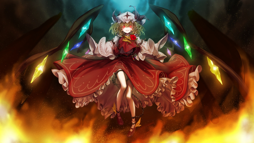 1girl adapted_costume blonde_hair chain fire flame flandre_scarlet flower frilled_skirt frills full_body glowing glowing_eyes glowing_wings hat highres kaiu_re long_sleeves looking_at_viewer medium_hair mob_cap multicolored_wings open_mouth rainbow_order rainbow_wings red_eyes red_flower red_rose red_skirt red_vest rose shirt skirt skirt_set solo touhou vest white_headwear white_shirt wings
