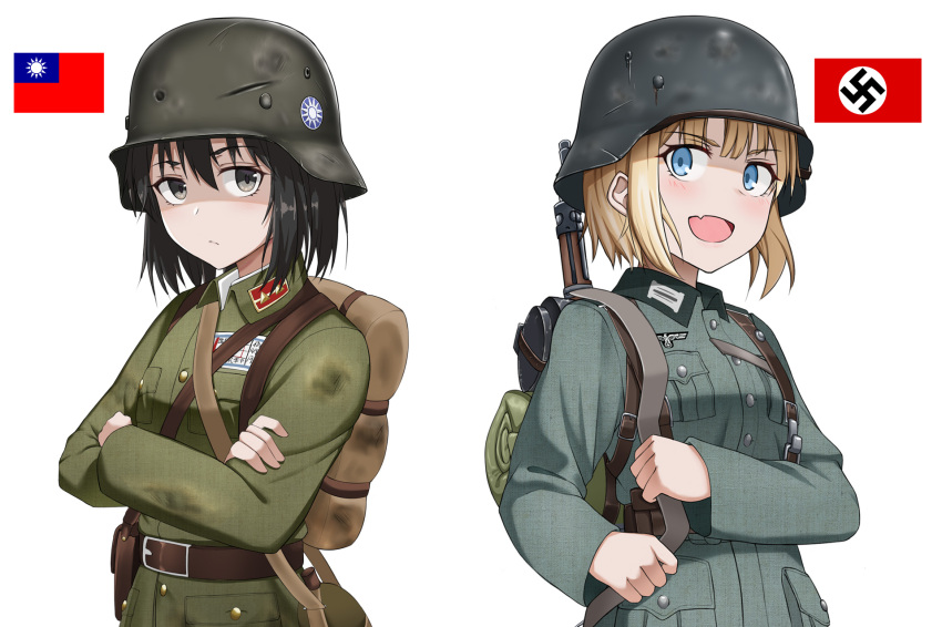 2girls :d backpack bag belt black_eyes black_hair blonde_hair blue_eyes blush china clothing_request crossed_arms damaged fang germany gun helmet highres looking_at_viewer medium_hair military military_helmet military_uniform multiple_girls national_revolutionary_army nazi_flag original reichsadler republic_of_china_flag rifle rifle_on_back simple_background skin_fang sling_(weapon) smile stahlhelm swastika uniform weapon white_background world_war_ii yumi_(artist)