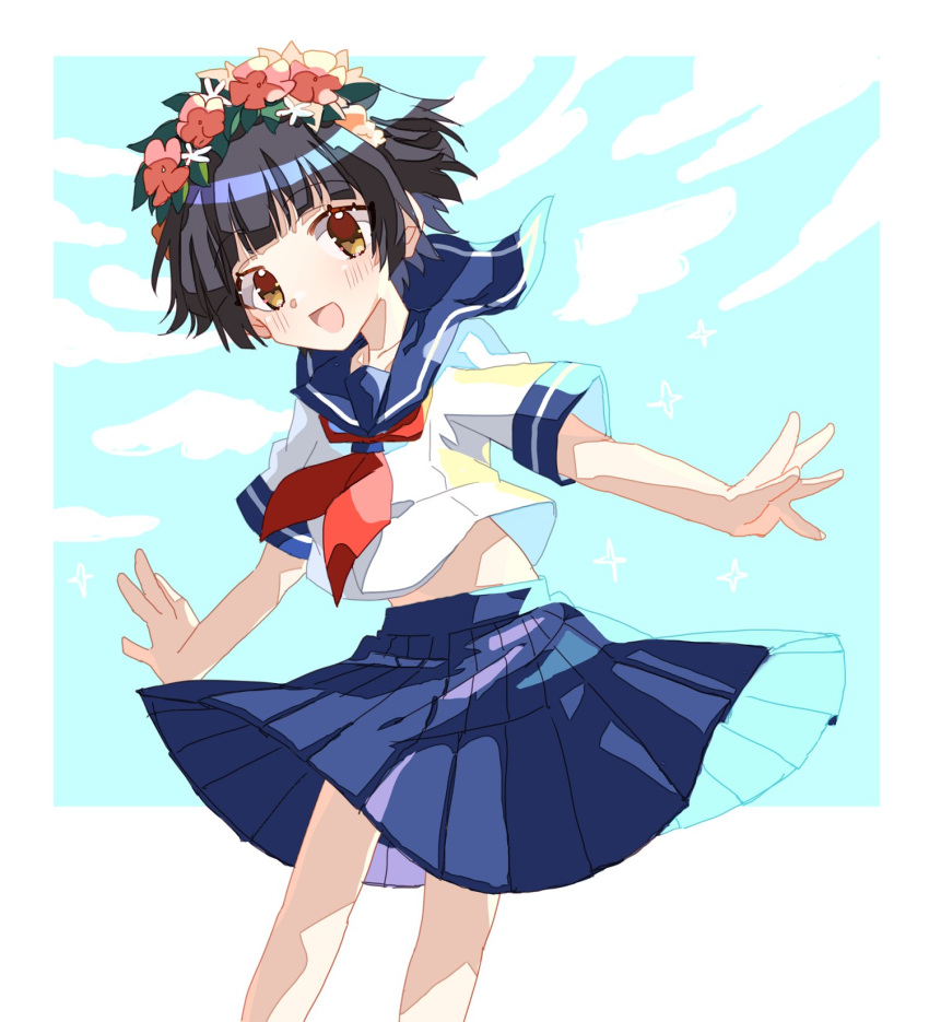 1girl :d blue_sailor_collar blue_skirt blue_sky brown_eyes clouds cowboy_shot flower hair_flower hair_ornament hajime_(usagi) head_wreath highres looking_at_viewer neckerchief open_mouth red_neckerchief sailor_collar school_uniform serafuku shirt short_sleeves skirt sky smile solo standing toaru_kagaku_no_railgun toaru_majutsu_no_index uiharu_kazari white_serafuku white_shirt