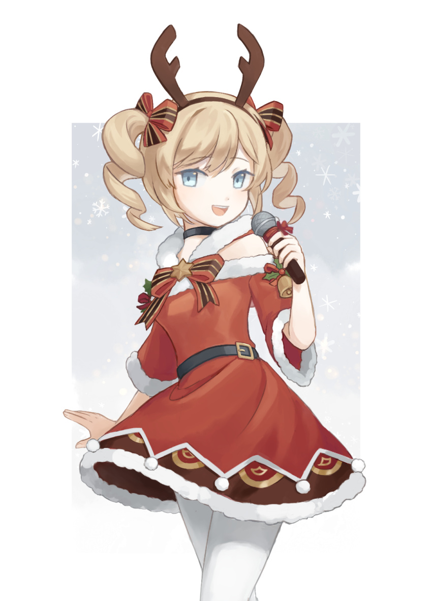 1girl :d antlers bangs barbara_(genshin_impact) bell belt blonde_hair blue_eyes blush bow brooch choker christmas clothing_cutout dress drill_hair fake_antlers fur-trimmed_dress fur-trimmed_sleeves fur_trim genshin_impact hair_bow hairband highres holding holding_microphone jewelry long_hair meeako microphone open_mouth pantyhose reindeer_antlers shoulder_cutout smile solo star_brooch striped striped_bow twin_drills twintails