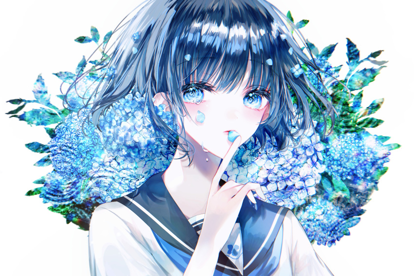 1girl absurdres banbiiiino0303 black_hair black_sailor_collar blue_eyes crying crying_with_eyes_open flower hand_up highres hydrangea long_fingers original petals rain sailor_collar school_uniform serafuku short_hair simple_background tearing_up tears white_background