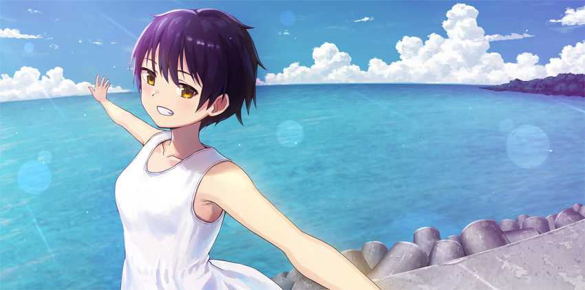 1girl black_hair clouds day dress grin hashi horizon ocean original outdoors outstretched_arms scenery short_hair sky smile solo sundress tetrapod yellow_eyes