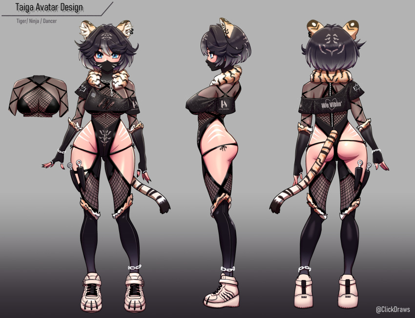1girl animal_ears black_hair blue_eyes breasts clickdraws fishnets gloves highres large_breasts mask ninja reference_sheet shoes sneakers tail tiger_ears tiger_girl virtual_youtuber