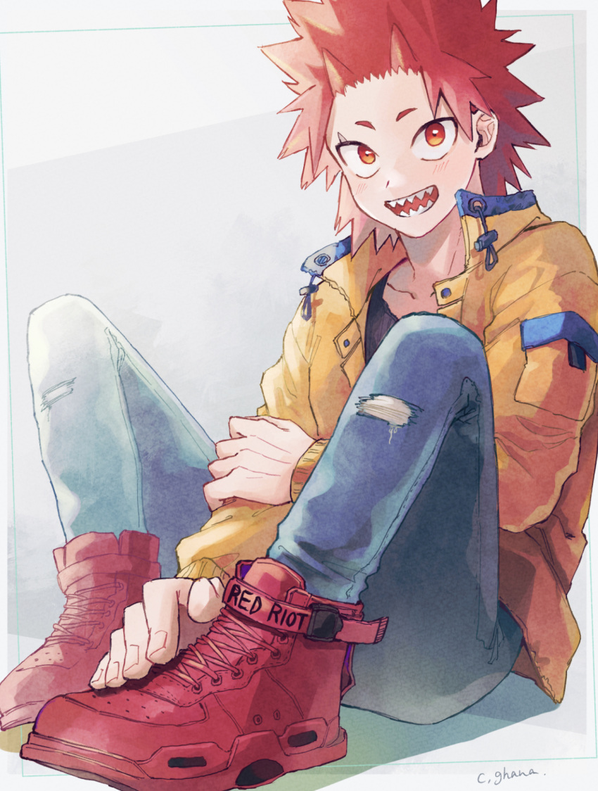 1boy adcalcium blue_pants boku_no_hero_academia character_name commentary_request denim full_body hand_on_own_arm highres jacket jeans kirishima_eijirou long_sleeves looking_at_viewer male_focus open_mouth pants red_eyes red_footwear redhead shadow sharp_teeth shoes short_hair signature sitting smile solo spiky_hair teeth torn_clothes torn_pants yellow_jacket