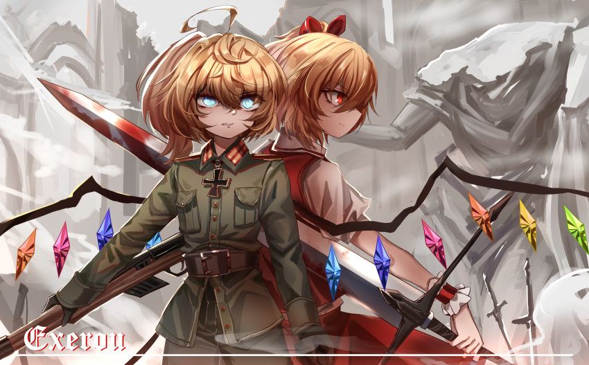 2girls absurdres ahoge belt black_gloves blonde_hair blue_eyes brown_belt closed_mouth commentary_request crossover flandre_scarlet flat_chest gloves gun highres holding holding_gun holding_sword holding_weapon long_sleeves medium_hair military military_uniform multicolored_wings multiple_girls pants red_eyes red_skirt red_vest shiny shiny_hair short_sleeves side_ponytail skirt skirt_set sword tanya_degurechaff top-exerou touhou uniform vest weapon wings wrist_cuffs youjo_senki