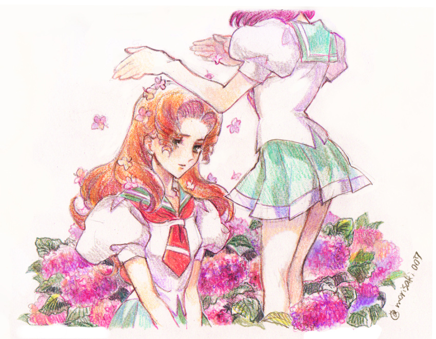 2girls arisugawa_juri closed_mouth colored_pencil_(medium) flower flower_on_head green_eyes green_sailor_collar green_skirt hydrangea leaf long_hair looking_down medium_hair morisaki_tsugumi multiple_girls neckerchief ootori_gakuen_school_uniform orange_hair out_of_frame petals pink_flower pleated_skirt puffy_short_sleeves puffy_sleeves purple_hair red_neckerchief ringlets sailor_collar school_uniform serafuku short_sleeves shoujo_kakumei_utena sitting skirt standing takatsuki_shiori traditional_media twitter_username upper_body