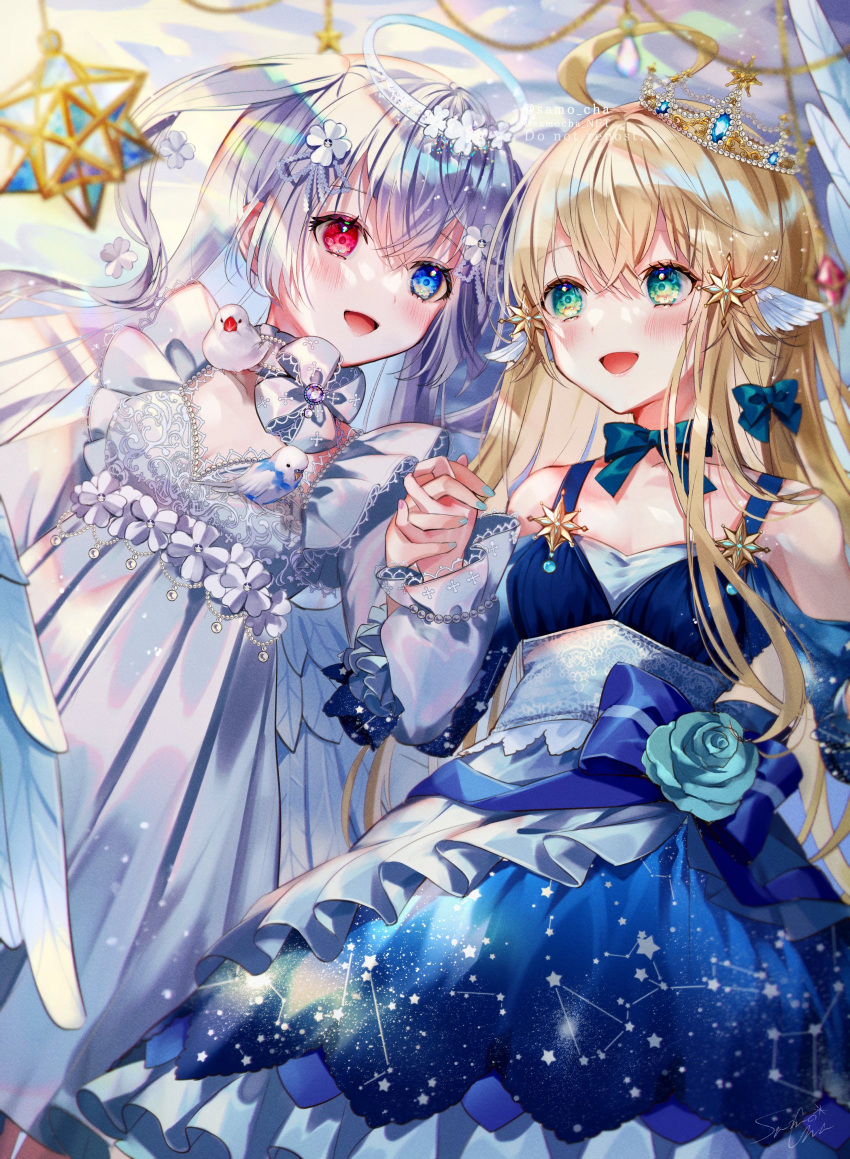 2girls ahoge bangs blonde_hair blue_eyes blurry blush bow bow_choker breasts cowboy_shot crossed_bangs depth_of_field dress flower frilled_dress frills galaxy green_eyes green_flower green_rose halo heterochromia highres holding_hands lace layered_dress lens_flare long_hair looking_at_another multiple_girls off-shoulder_dress off_shoulder open_mouth original red_eyes rose san_mokmok05 shiny shiny_hair small_breasts smile solo star_(symbol) straight_hair tiara twintails two-tone_dress wavy_hair white_bird white_dress wing_ears
