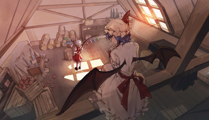 2girls apple attic back_bow barrel bat_wings black_footwear blonde_hair bottle bow box cardboard_box chinese_commentary closed_mouth commentary crate crystal dress e_(you33ou) flandre_scarlet food frilled_dress frilled_skirt frills fruit hands_on_hips hat hat_ribbon highres indoors light_rays loafers looking_at_another mob_cap multiple_girls package puffy_short_sleeves puffy_sleeves purple_hair red_bow red_ribbon red_skirt red_vest remilia_scarlet ribbon ribbon-trimmed_dress shelf shirt shoes short_hair short_sleeves siblings sisters sitting skirt skirt_set socks standing toolbox touhou vest white_dress white_headwear white_shirt white_socks window wings wrist_cuffs