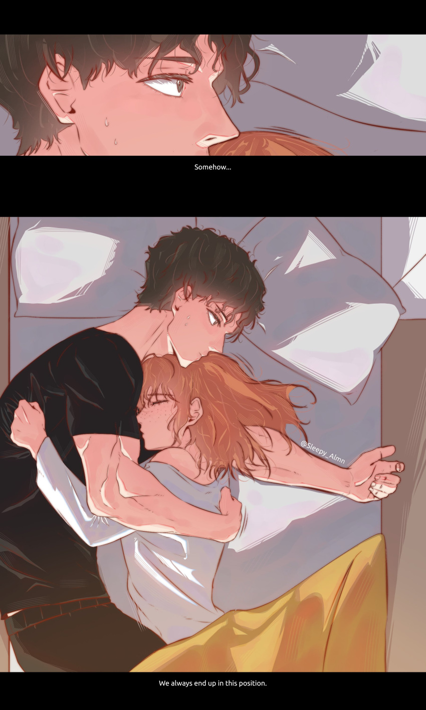 1boy 1girl absurdres bed bed_sheet black_shirt blanket brown_hair commentary couple english_commentary english_text hetero highres jean_grey marvel on_bed peter_parker red_hair shirt sleepy_almn spider-man:_brand_new_day spider-man_(series) white_shirt x-men