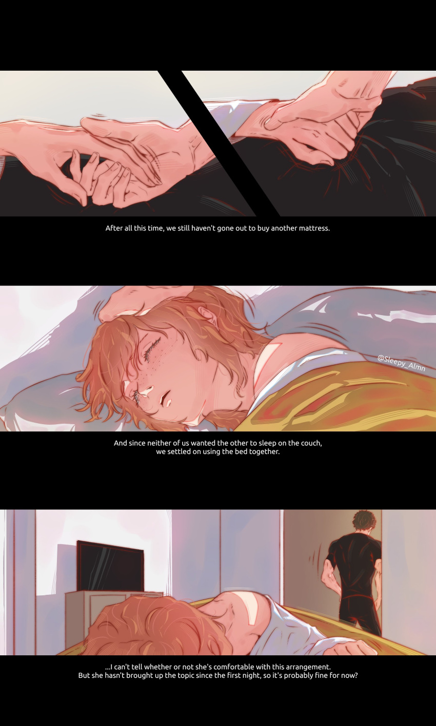 1boy 1girl absurdres bed bed_sheet black_shirt blanket brown_hair commentary english_commentary english_text hetero highres jean_grey marvel on_bed peter_parker red_hair shirt sleeping sleepy_almn spider-man spider-man:_brand_new_day spider-man_(series) x-men