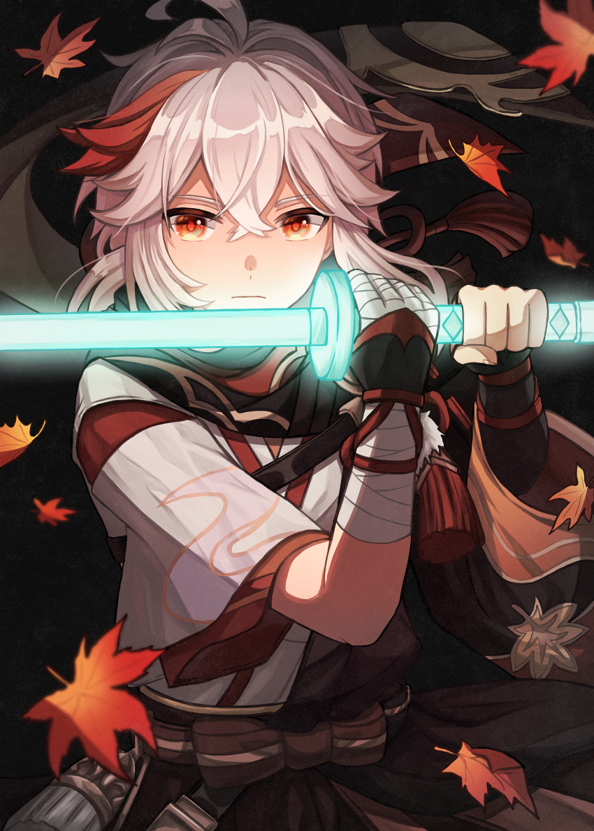 1boy ahoge asymmetrical_sleeves bandaged_arm bandaged_hand bandages bangs black_gloves black_scarf bow brown_bow closed_mouth commentary_request crossed_bangs energy_sword falling_leaves fingerless_gloves frown genshin_impact gloves grey_hair grey_kimono hair_between_eyes hands_up highres holding holding_sword holding_weapon japanese_clothes kaedehara_kazuha kimono leaf long_sleeves looking_at_viewer male_focus maple_leaf medium_hair multicolored_hair pom_pom_(clothes) red_eyes redhead scarf short_sleeves sidelocks standing streaked_hair su34ma sword tassel upper_body weapon wide_sleeves
