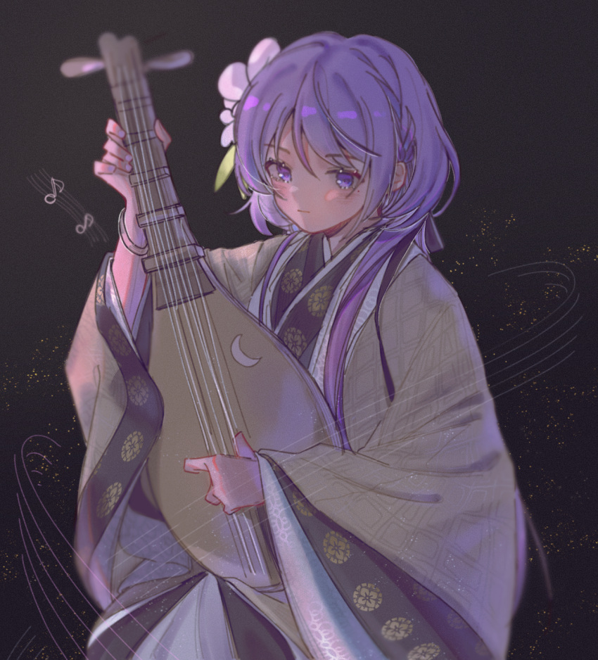 1girl :| blush closed_mouth cowboy_shot crescent eighth_note expressionless fingernails flower hair_flower hair_ornament highres holding holding_instrument instrument japanese_clothes kimono leaf long_hair long_sleeves looking_at_viewer lute_(instrument) mole mole_under_eye music musical_note playing_instrument purple_flower purple_hair solo taketorikyouko touhou tsukumo_benben two-tone_kimono very_long_hair violet_eyes white_kimono wide_sleeves yellow_kimono