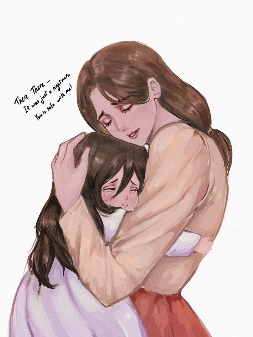 2girls arms_around_back bangs black_hair brown_hair brown_shirt carla_yeager closed_eyes comforting crying dress english_text female_child hair_between_eyes hand_on_another's_head highres hug long_hair long_sleeves low-tied_long_hair mikasa_ackerman mother_and_daughter multiple_girls parted_bangs parted_lips red_skirt shingeki_no_kyojin shirt skirt smile tears upper_body white_background white_dress zaragreenbite