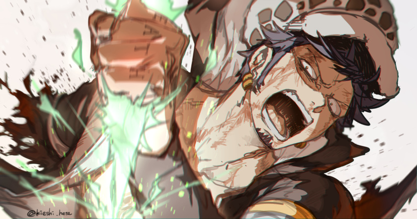 1boy akazu_kieshi amputee attack black_hair blood blood_splatter coat earrings energy energy_blade fighting hand_tattoo hand_up hat hat_removed headwear_removed highres holding jewelry long_sleeves male_focus one_piece open_clothes open_coat open_mouth solo tattoo trafalgar_law twitter_username